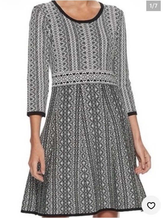 Nina Leonard Dresses & Skirts - Black & White Patterned Long-Sleeve Fit-and-Flare Dress